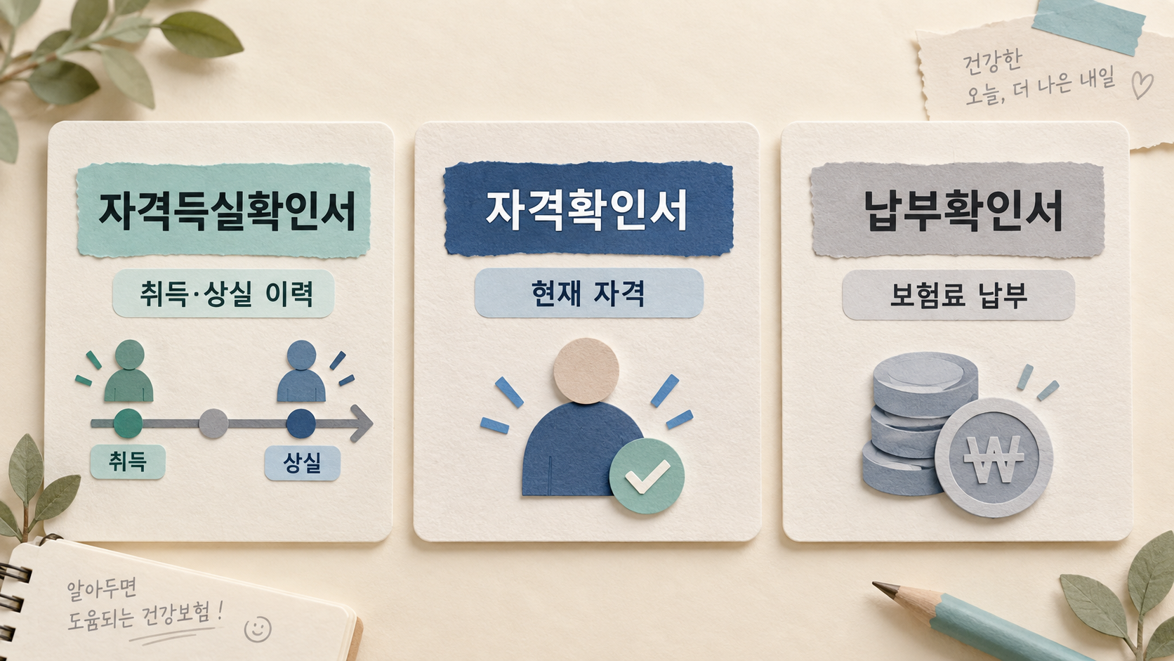 건강보험 자격득실확인서 발급, 제출 전 확인사항 2 자격득실확인서 자격확인서 납부확인서의 용도를 비교한 설명 카드