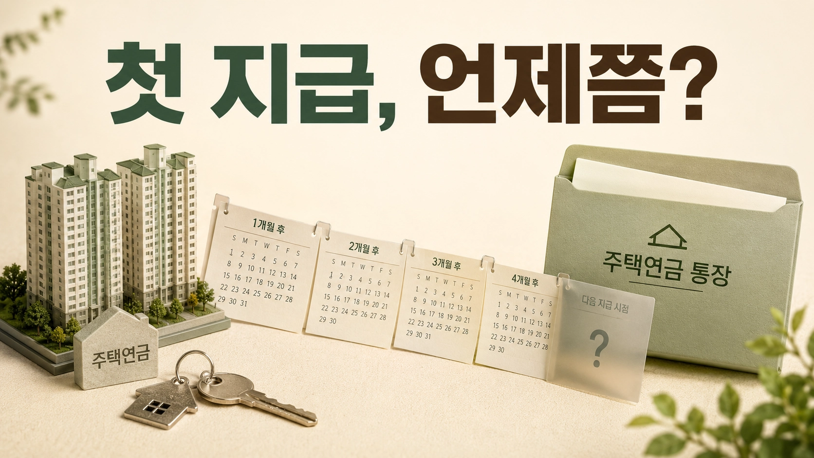 주택연금 신청부터 첫 지급까지 걸리는 기간을 표현한 달력과 주택 모형